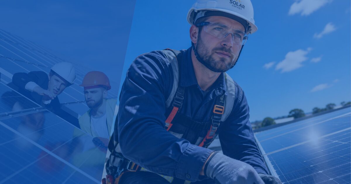 PV-Techniker mit Schutzausrüstung bei der Arbeit auf einer Solaranlage – Headhunter Photovoltaik
